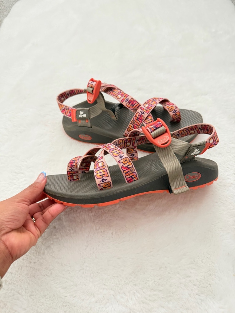 Chaco Women's Strappy Sandals in Gray with Pink/Orange Patterned Straps - Picture 2 of 9